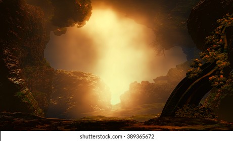 3D landscape Illustration where we observe a large tree with rocks in the background in a very cloudy atmosphere - Shutterstock ID 389365672