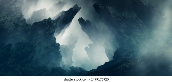 3D Landscape Illustration where you can see sharp rock formations in a dense atmosphere