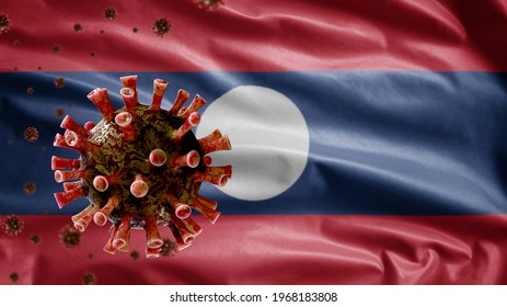 3D, Laotian Flag Waving And Coronavirus 2019 NCov Concept. Outbreak In Laos, Coronaviruses Influenza As Dangerous Flu Strain Cases As A Pandemic. Microscope Virus Covid 19 Close Up.