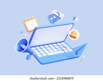 3D Laptop With Business Management App. Online News And Work. Business Marketing Concept. Computer With Megaphone, Bell And Message. Cartoon Creative Icon Isolated On Blue Background. 3D Rendering