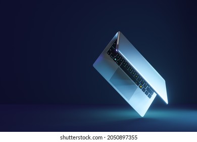 3d Laptop Computer With Flip Screen On Blue Dark Background. 3D Illustration Rendering.