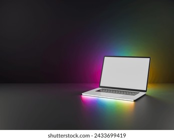 3D Laptop computer with glow rainbow led light open with blank screen on dark glow light background. 3D render illustration