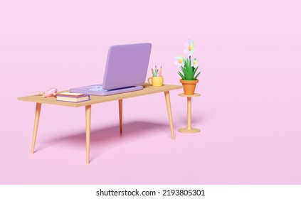 3d laptop computer on table with desk in office, coffee cup, plane, textbook, book, flower pot isolated on pink background. 3d render illustration, clipping path