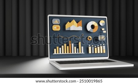 A 3D Laptop displaying advanced Data Visualization Graphics, including various Charts and Infographics. 3D Illustration