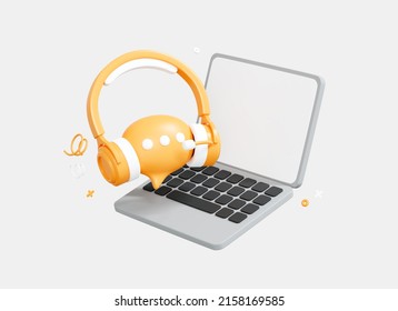 3D Laptop with Headphones. Hotline support concept. Chatbot for help service. Online user consultation. Call via computer. Cartoon creative design icon isolated on white background. 3D Rendering - Powered by Shutterstock