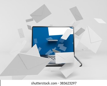 3d Laptop With Many White Envelopes Flying Around