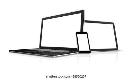 3D Laptop, Mobile Phone And Digital Tablet Pc Computer - Isolated On White With Clipping Path