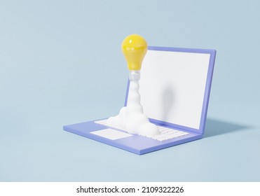 3D Laptop mockup yellow light bulb spaceship spewing smoke on soft blue sky background. isometric minimal cartoon invention, education learning concept. 3d render illustration