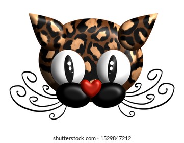 3d Leopard Face. Funny Cute Leopard Baby With Big Eyes And Twirled Moustache. Isolated Illustration.