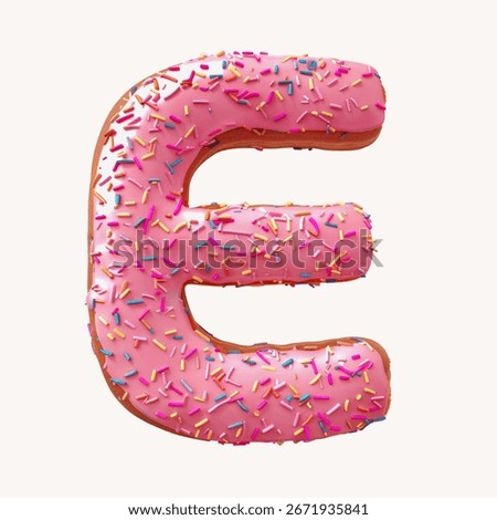 3D letter 'E' with pink icing and sprinkles. Fun font design, 3D effect, colorful sprinkles. Perfect for playful icons and creative fonts. 3D pink donut font icon illustration.