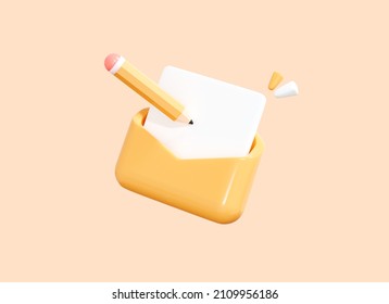 3D Letter With Pen. Written Message In Envelope. Realistic Icon For App Isolated On Background. Element For School And Education. 3D Rendering