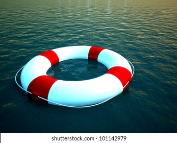 3d Life Ring Floating On Water, Help Symbol