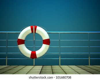 3d Life Ring And On Safety Barriers At The Sea