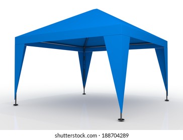 3D Light Blue Canopy, Tent For Outdoor Activity And Canvas, Pipe Structure In Isolated Background With Work Paths, Clipping Paths Included