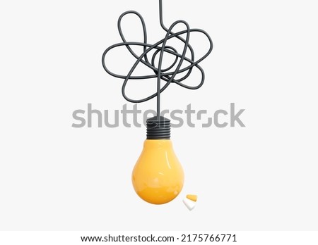 3D Light bulb with tangled wire. Problem and solution idea. Creativity to solve problem. Messy chaos situation concept. Cartoon creative design icon isolated on white background. 3D Rendering