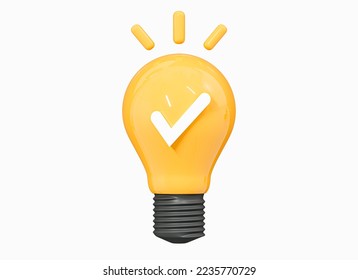 3D Lightbulb with check mark. Quick tips. Creativity idea and solution business. Glowing lamp with tick. 
Brainstorm concept. Cartoon creative design icon isolated on white background. 3D Rendering