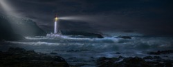 3D - Lighthouse With Beacon On Coast In Stormy Sea With Sailboat On Horizon	