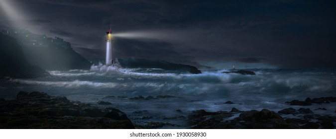 3D - Lighthouse With Beacon On Coast In Stormy Sea With Sailboat On Horizon	