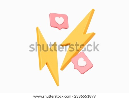 3D Lightning with like button. Social media flash promotion. Hot news in network. Lightning bolt emoji. Pink heart. Cartoon creative design icon isolated on white background. 3D Rendering