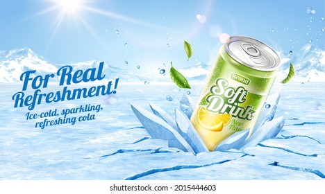 3d Lime Juice Soda Ad Template. Realistic Can Crashing Frozen Ice With Glacier Background.