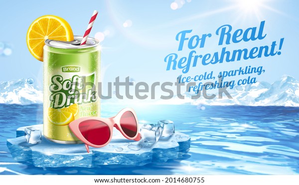 3d lime juice soda ad\
template with glacier scene. Realistic cola can stands on a\
floating ice podium with sun glass and ice cubes. Concept of frozen\
drink for summer.