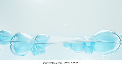 3D liquid texture concept with glowing blue bubbles. Ideal for clean beauty, facial treatment, and hydration-focused visuals.