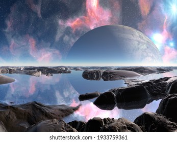 3D llustration of a beautiful and inspirational science fiction landscape with a moon, mountains, and water