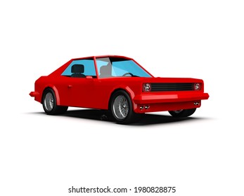 3D Llustration Red Race Sport Car, Simple Coupe City Auto Icon, Low Poly Vehicle Transport Concept Isolated On White Background, Polygonal Car Coupe Symbol, Car Traffic Infographic Template