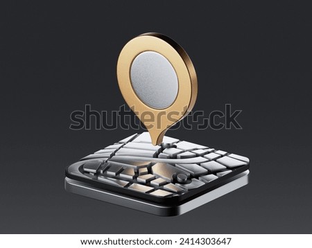 3D Location Folded Paper Map, Search Bar and Pin Isolated. Blue GPS Pointer Marker Icon. GPS and Navigation Symbol. Metal gold texture. 3D Illustration