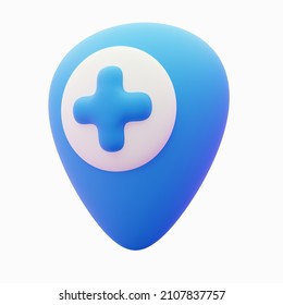 3d location mark icon. Rendering illustration of medical sign with plus isolated on white background. Find hospital concept. Gps in isometry. Cartoon cute medicine navigation marker in blue color.