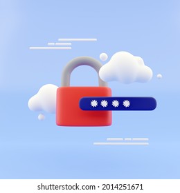 3d lock and password field. Password protected secure login concept. minimal creative concept in blue and black colors. 3d rendering