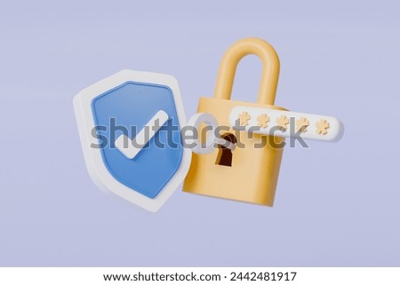 3d Lock and shield with checkmark and password icon. Security protection concept. Data protection, private access. Minimal cartoon padlock with shield isolated on purple background. 3d rendering.