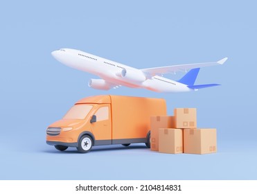 3d Logistic Application Service Concept, Global Logistics Network, Airplane, Smartphone, And Packaging On Blue Background. 3d Render Illustration