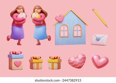 3D Lovely Mothers Day elements. Mom holding baby and festive decors isolated on pink background. - Powered by Shutterstock