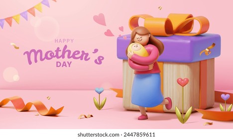 3D Loving Mothers Day card. Mother holding baby on pink background with gift box and festive decors. - Powered by Shutterstock