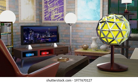 3D Low Poly TV Room, Illustration, With Brick Wall, Sofa, Brown Table, With Multiple Lightning