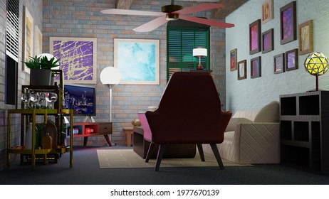 3D Low Poly TV Room, Illustration, With Brick Wall, Sofa, Brown Table, With Multiple Lightning