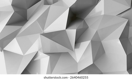 3D low-poly geometric abstract background with clean grayscale shading and sharp angular surfaces.