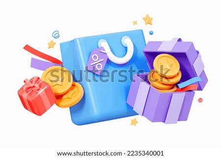 3D Loyalty program concept with gift boxes, shopping bag and floating coin. Money prize reward. Online purchases with discount. Cartoon creative design icon isolated on white background. 3D Rendering