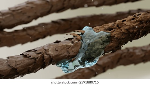 3D macro illustration of the process of restoring the structure of brown hair scales. Care products regenerate, nourish and tone hair