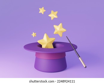 3d magic hat of conjurer with magic wand. Sparkle stars flew out of the hat. 3d render illustration.