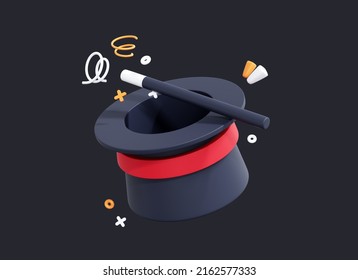 3D Magic Hat And Wand. Wizard Illusion Show. Magical Performance. Showing Trick. Black Top Hat Or Cylinder. Circus Show. Cartoon Creative Design Icon Isolated On Dark Background. 3D Rendering