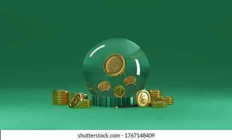 3d Magic Money, A Crystal Ball That Allows Money To Flow Endlessly Like You Are A Financial Wizard. 3d Rendering.