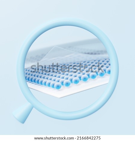 3d magnifying absorbent layer and ventilate shows with baby diaper, water droplets, sanitary napkin, synthetic fiber hair for diapers, adult concept, isolated on blue background.3d render illustration