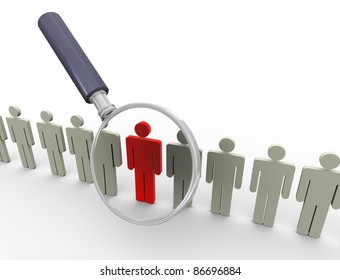 3d magnifying glass hovers over unique red man. Concept of searching people or employee