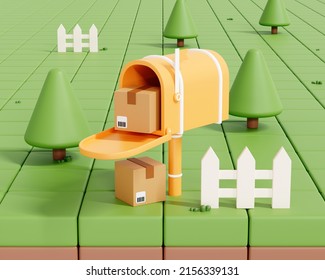 3D Mailbox With Cardboard Box On Cartoon Landscape. Fast Delivery Of Order To Country House Concept. Post Box With Parcel Package Inside. Mail Delivery. Low Poly Design Illustration. 3D Rendering