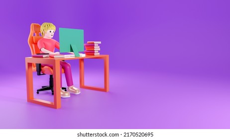 3d Male Character Working At Desk With Modern Desktop Computer. 3d Rendering