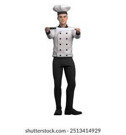 3D Male Chef in Action. A male chef stands with both hands holding a knife showing that the tool is an important part of his skills in the kitchen. Professional Culinary - Powered by Shutterstock