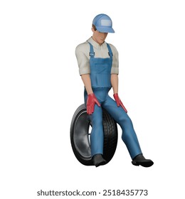 3D Male Mechanic Working. A male mechanic is resting sitting on a car tire with his head lowered. Vehicle Maintenance Cartoon - Powered by Shutterstock