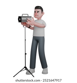 3D Male Media Character. A male photographer stands behind a studio light which he holds with both hands, as if he wants to adjust the lighting. Professional Photographer - Powered by Shutterstock